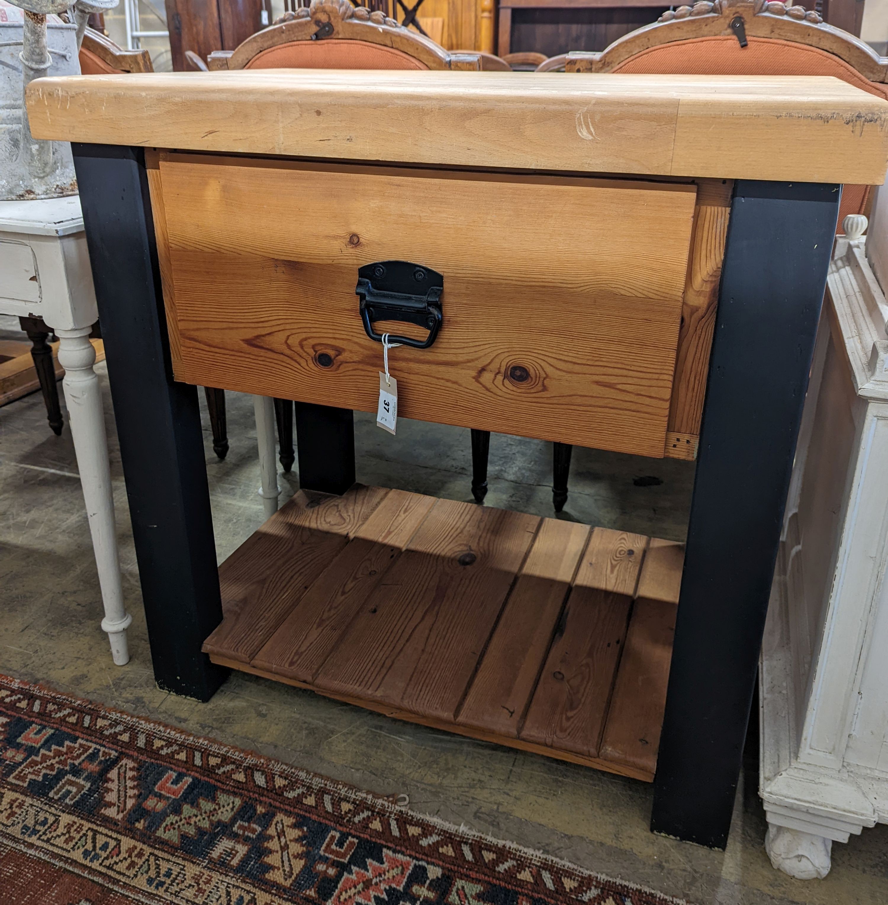 A painted pine and beech rectangular butcher's block kitchen island, length 90cm, depth 60cm, height 90cm